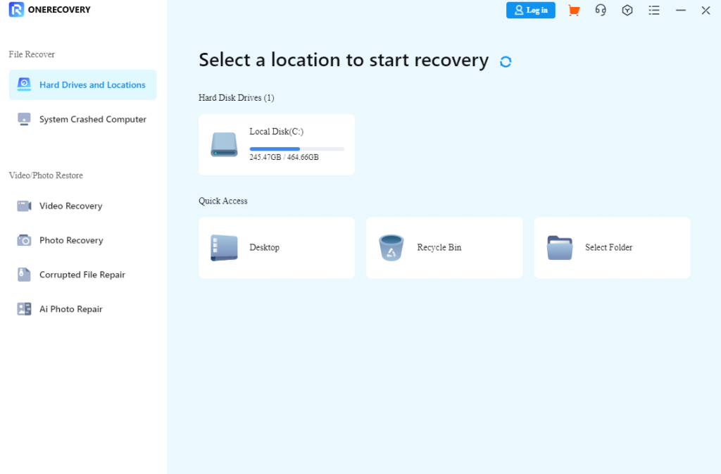 select a location to start recovery