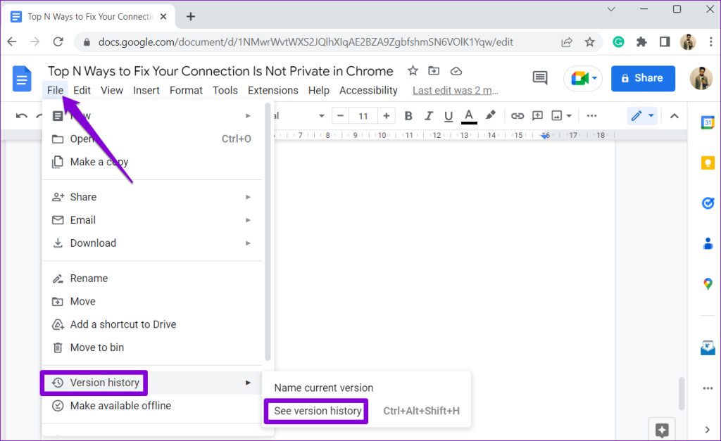 using the version history feature of google sheets